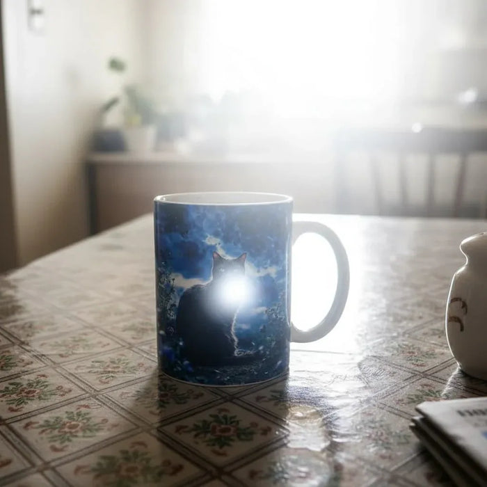 Mug en céramique bleue présentant une silhouette de chat sur fond de ciel nocturne étoilé avec des effets de lumière luminescents.