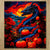 Chiffonnette Dragon Halloween : chiffonnettes dragon bleu avec citrouilles orange et fleurs rouges sur fond de coucher de soleil flamboyant