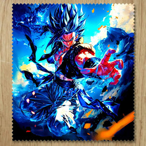 Chiffonnette Gogeta Bleu : illustration anime bleue et rouge sur chiffon microfibre dentelée