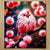 Oiseau rose chiffonné Chiffonnette posé sur branche parmi fleurs pompons vives