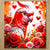 Illustration de perroquet rose vif rouge et blanc entouré de roses et cœurs sur chiffonnette à bord festonné