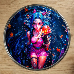 Magnet Bulma : plaque décorative anime Bulma aux cheveux bleus, tenue rose, orbe orange, feuilles automnales