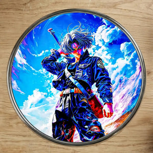 Assiette décorative Magnet Trunks : anime vibrant en bleu-rouge sur ciel dynamique