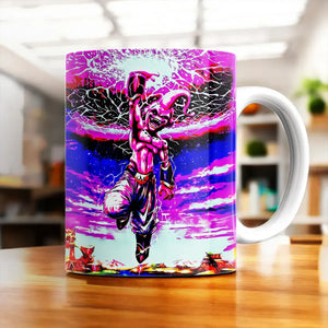 Tasse Majin Buu Dragon Ball Z rose et violet avec Buu en vol énergique