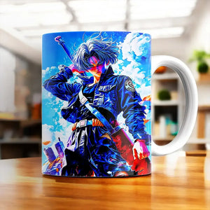 Tasse Trunks : mug céramique blanc avec illustration colorée de Trunks DBZ en tenue bleue et rouge