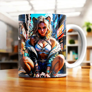 Tasse Mug Xilonen en céramique blanche avec femme anime aux oreilles de chat en streetwear futuriste