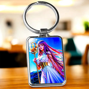 Porte-clé Athéna : femme fantasy aux cheveux violets et roses avec bâton doré