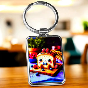 Porte-clé Brioche : porte-clé argenté rectangulaire avec image imprimée mignonne de tranche de pain souriante aux baies et nœud papillon