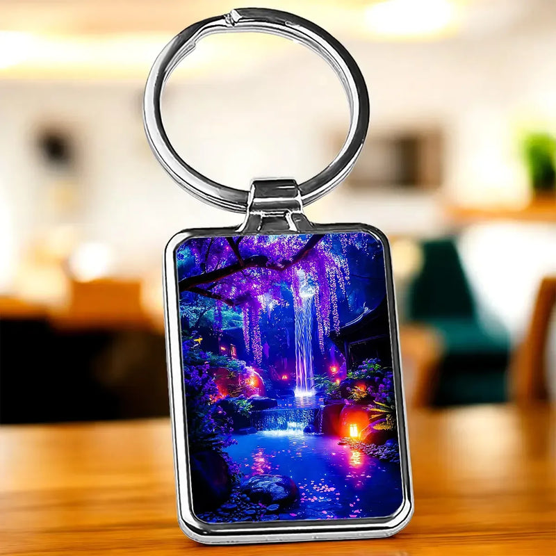 Porte-clé Cascade Fleur : cascade violette sous fleurs avec cadre métallique