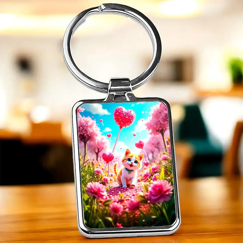 Porte-clé chat cœur : chat cartoon en champ fleuri rose avec cœurs volants