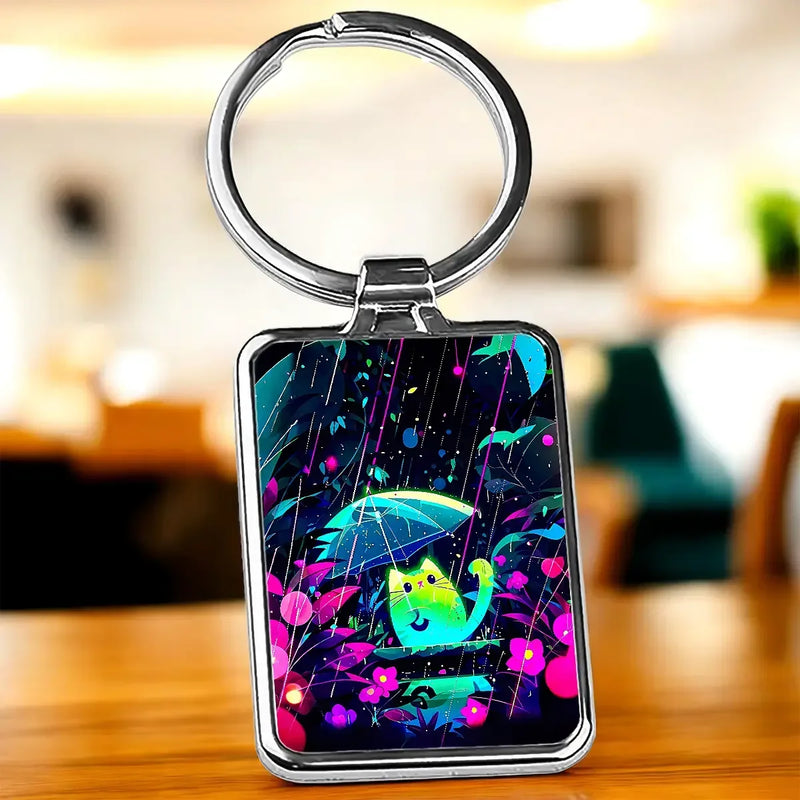 Porte-clés chat néon : chat vert sous pluie avec parapluie et fleurs lumineuses