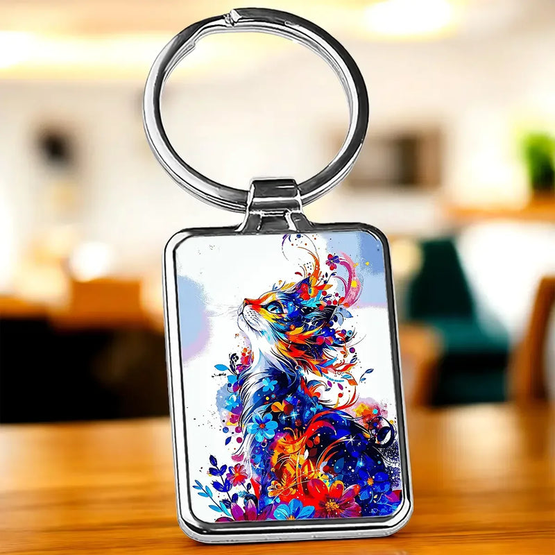Porte-clé Chat Peinture : chat coloré aux fleurs et motifs tourbillonnants