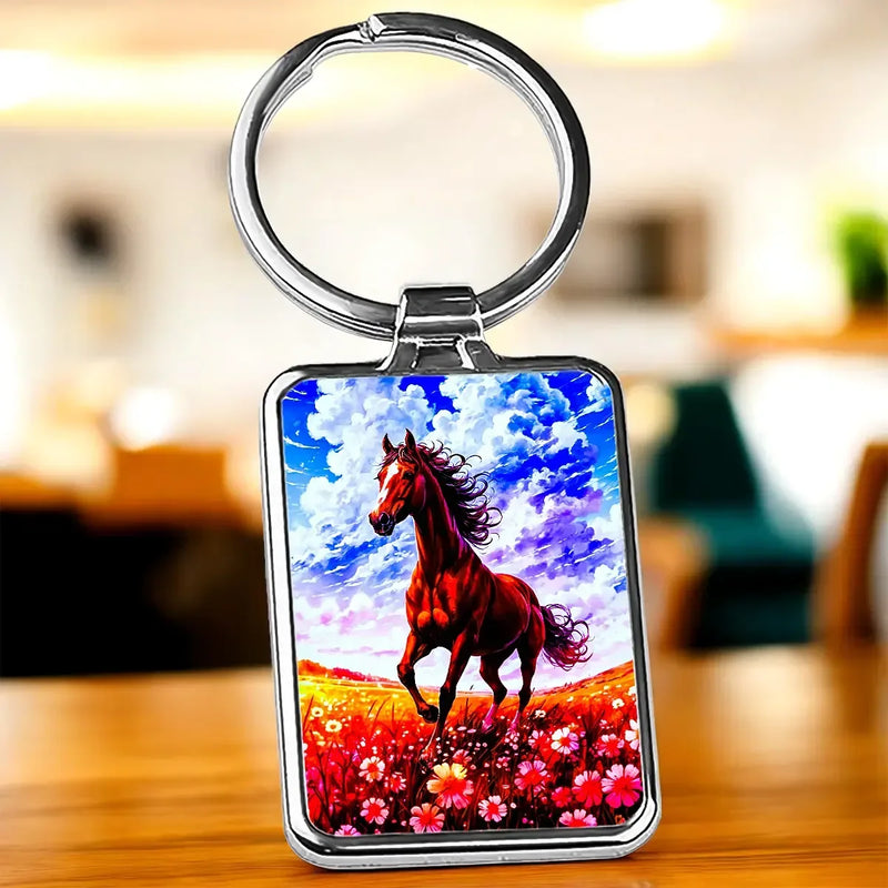 Porte-clé Cheval Prairie : cheval brun au galop dans champ de fleurs roses