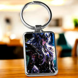 Porte-clé Chevalier d’Or Gémeau (Dark) : personnage anime aux cheveux bleus foncés et armure noire sur fond cosmique