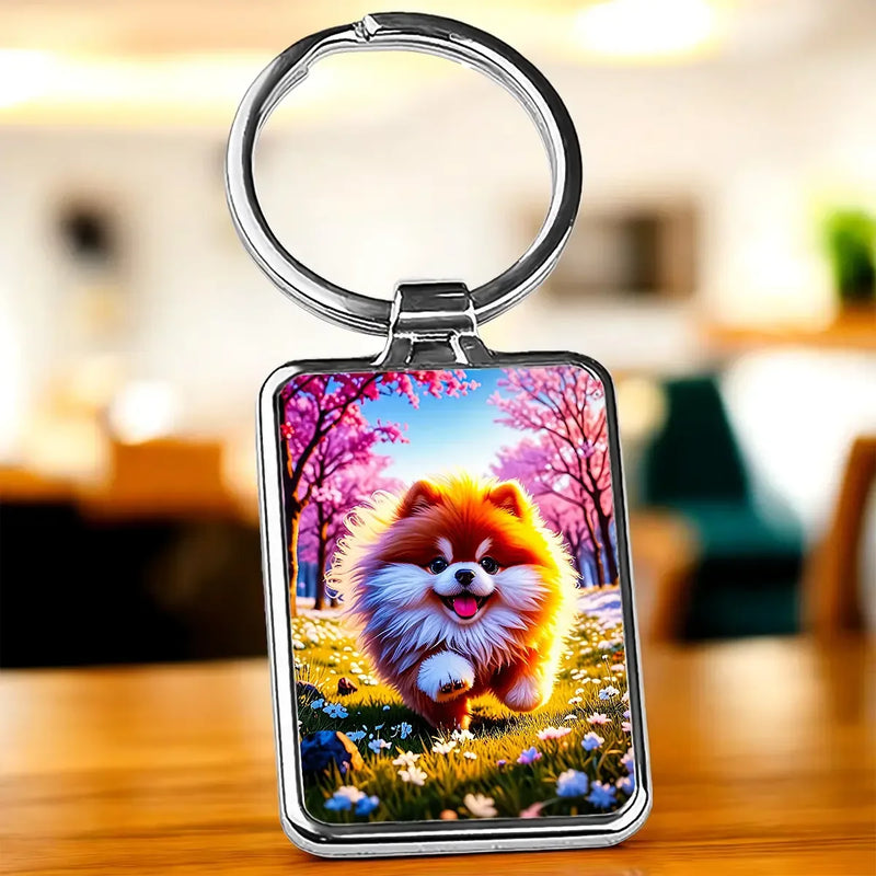 Porte-clé Chien Fluffy : chiot pomeranien orange fluffy courant dans un champ de fleurs sous cerisiers en fleur