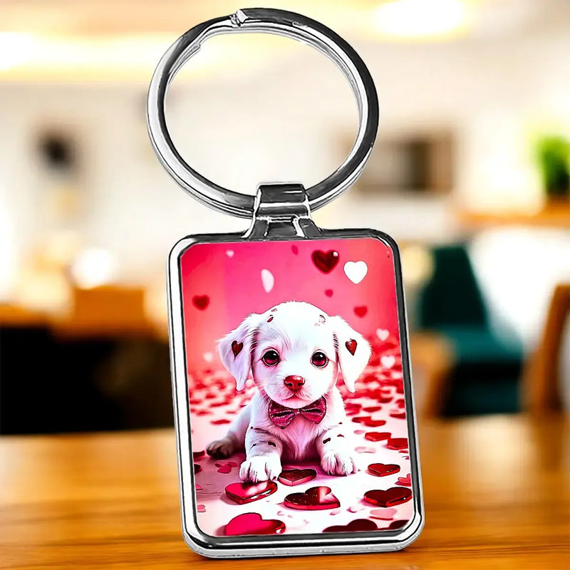 Porte-clés chiot cœur : chiot blanc en nœud papillon rouge et cœurs roses