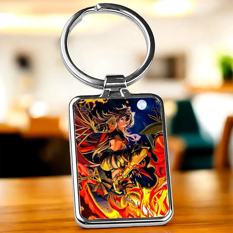 Porte-clé Dehya : personnage en armure rouge feu et or sur ciel bleu nuit