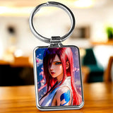 Porte-clé Erza : Erza aux cheveux rouges et violets, tatouage flamme bleue