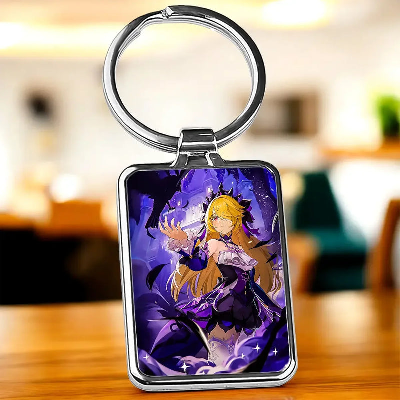 Porte-clé Fischl : anime blonde en violet/noir sur fond étoilé