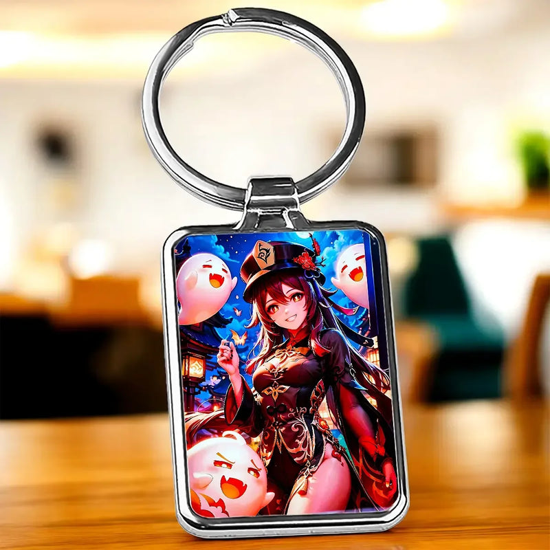 Porte-clé Hu Tao : illustration anime vibrante de Hu Tao en rouge et or avec fantômes roses