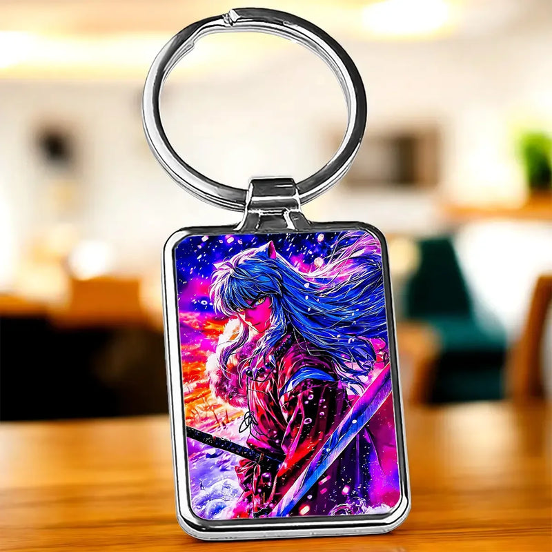 Porte-clé Inu-Yasha : illustration anime Inuyasha cheveux bleus et épée cosmique
