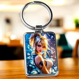 Porte-clé Lucy Heartfilia : femme blonde anime avec fleurs bleues et étoiles