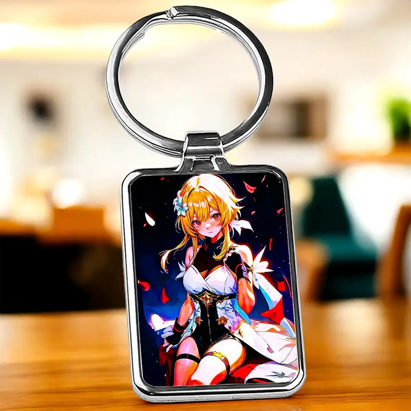 Porte-clé Lumine : anime blonde en tenue ornée sur fond floral sombre