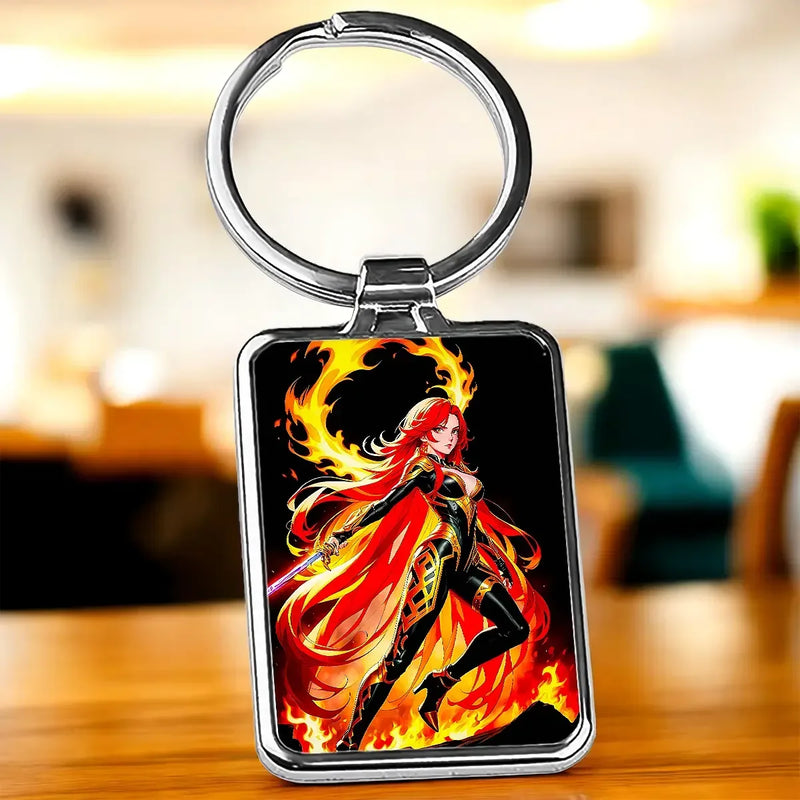 Porte-clé Mavuika : illustration anime de femme aux cheveux rouges en armure noire et or entourée de flammes orange sur fond noir