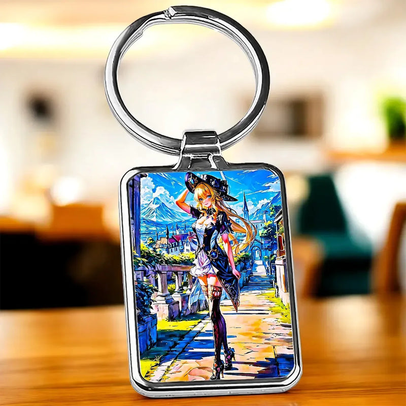 Porte-clé Navia : fille blonde anime en chapeau noir sur pavés