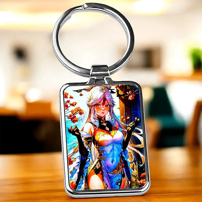Porte-clé Ningguang : illustration anime style avec feuilles dautomne