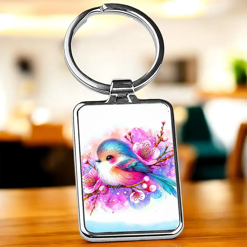 Porte-clé Oiseau Dessin : oiseau sur fleurs roses aquarelle argenté