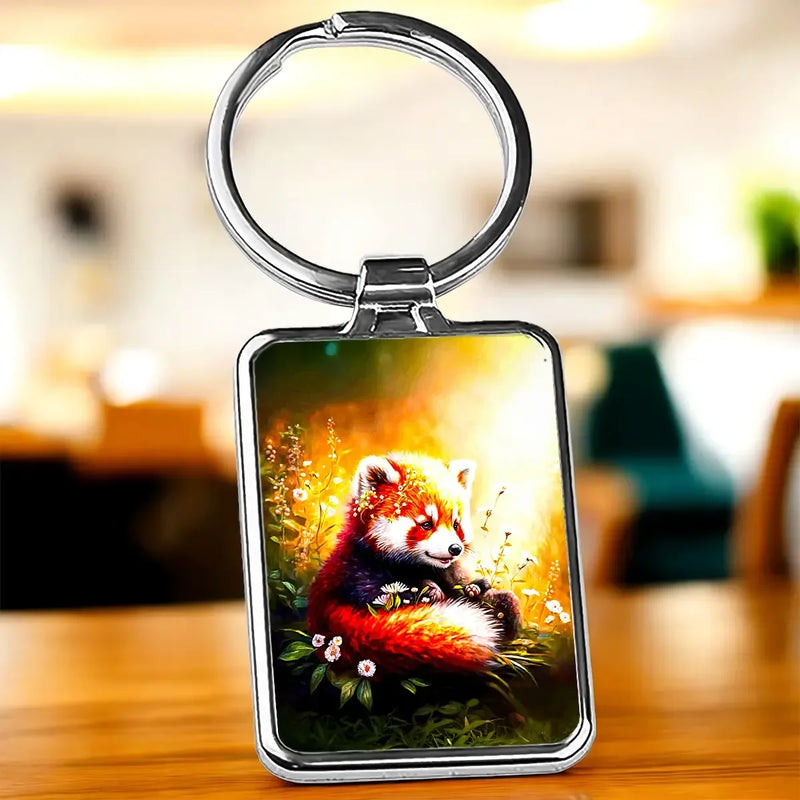 Porte-clé panda roux en métal argenté avec illustration panda parmi fleurs