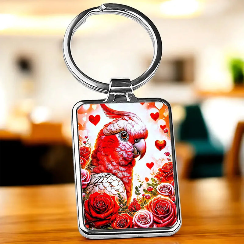 Porte-clé Perroquet Rose : perroquet rouge avec roses et cœurs