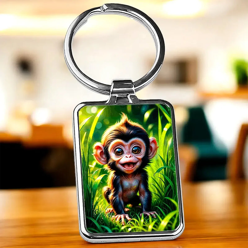 Porte-clé Petit Singe : mignon bébé singe aux grands yeux dans herbe verte