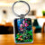 Porte-clé Pomme rectangulaire argenté avec fleurs roses, pommes rouges et feuilles vertes
