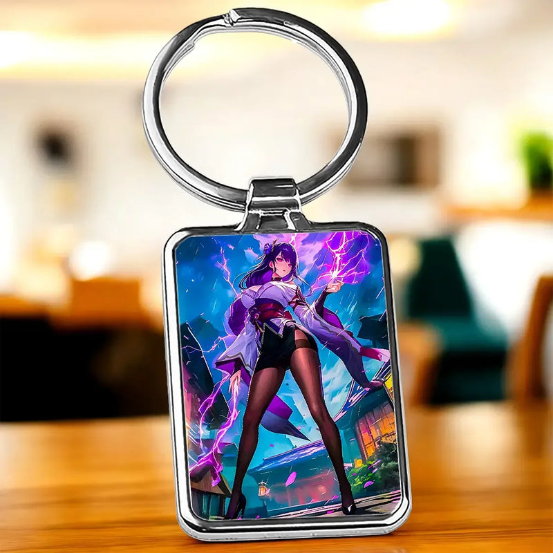 Porte-clé Raiden Shogun : cadre argenté avec illustration anime de personnage aux cheveux violets maniant la foudre