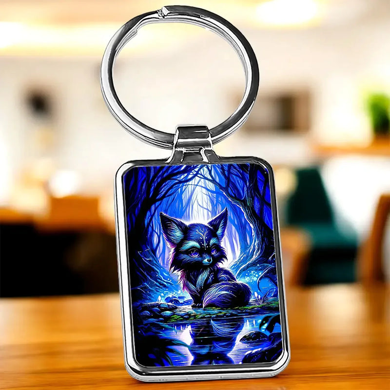 Porte-clé Renard Sombre : renard bleu sombre au bord de l’eau sous arbres lumineux