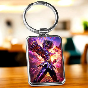 Porte-clé Seiya de Pégase en argent, illustration anime dynamique sur fond feu violet-orange
