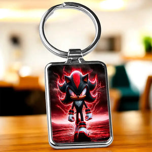 Porte-clé argenté rectangulaire Shadow the Hedgehog avec effets éclairs rouges