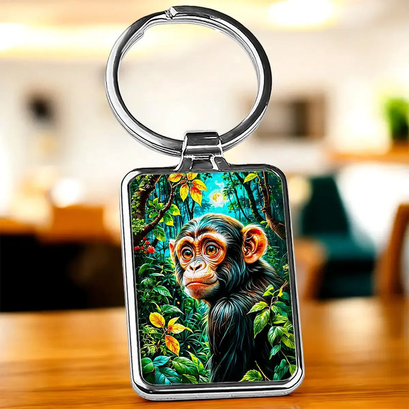 Porte-clé argenté rectangulaire singe jungle luxuriante