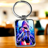 Porte-clé argenté Skirk avec illustration anime vibrante