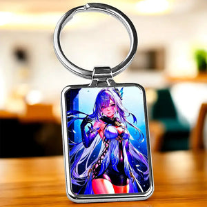 Porte-clé argenté Skirk avec illustration anime vibrante