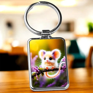 Porte-clé souris mignonne en argent avec souris blanche et violette sur lavande