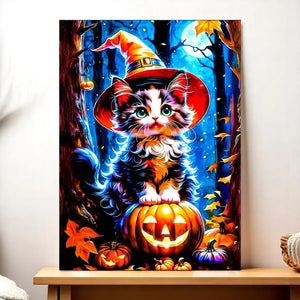 Tableau Chat Halloween : chaton multicolore en chapeau de sorcière sur citrouille