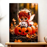 Tableau Fée Citrouille : fée rousse et chaton dans citrouille d’Halloween