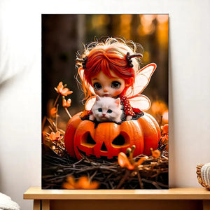 Tableau Fée Citrouille : fée rousse et chaton dans citrouille d’Halloween
