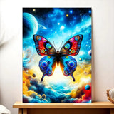 Papillon vibrant multicolore aux motifs oculaires sur ailes, fond cosmique de nébuleuses, Tableau Papillon Moderne