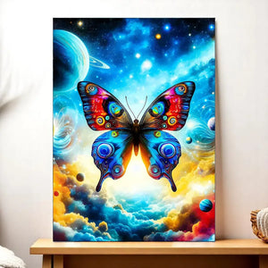 Papillon vibrant multicolore aux motifs oculaires sur ailes, fond cosmique de nébuleuses, Tableau Papillon Moderne