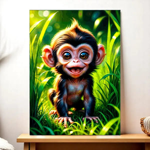Tableau Petit Singe : singe bébé joyeux aux yeux expressifs sur toile vibrante