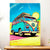 Affiche vibrante de combi Volkswagen turquoise et rose sur fond de soleil arc-en-ciel